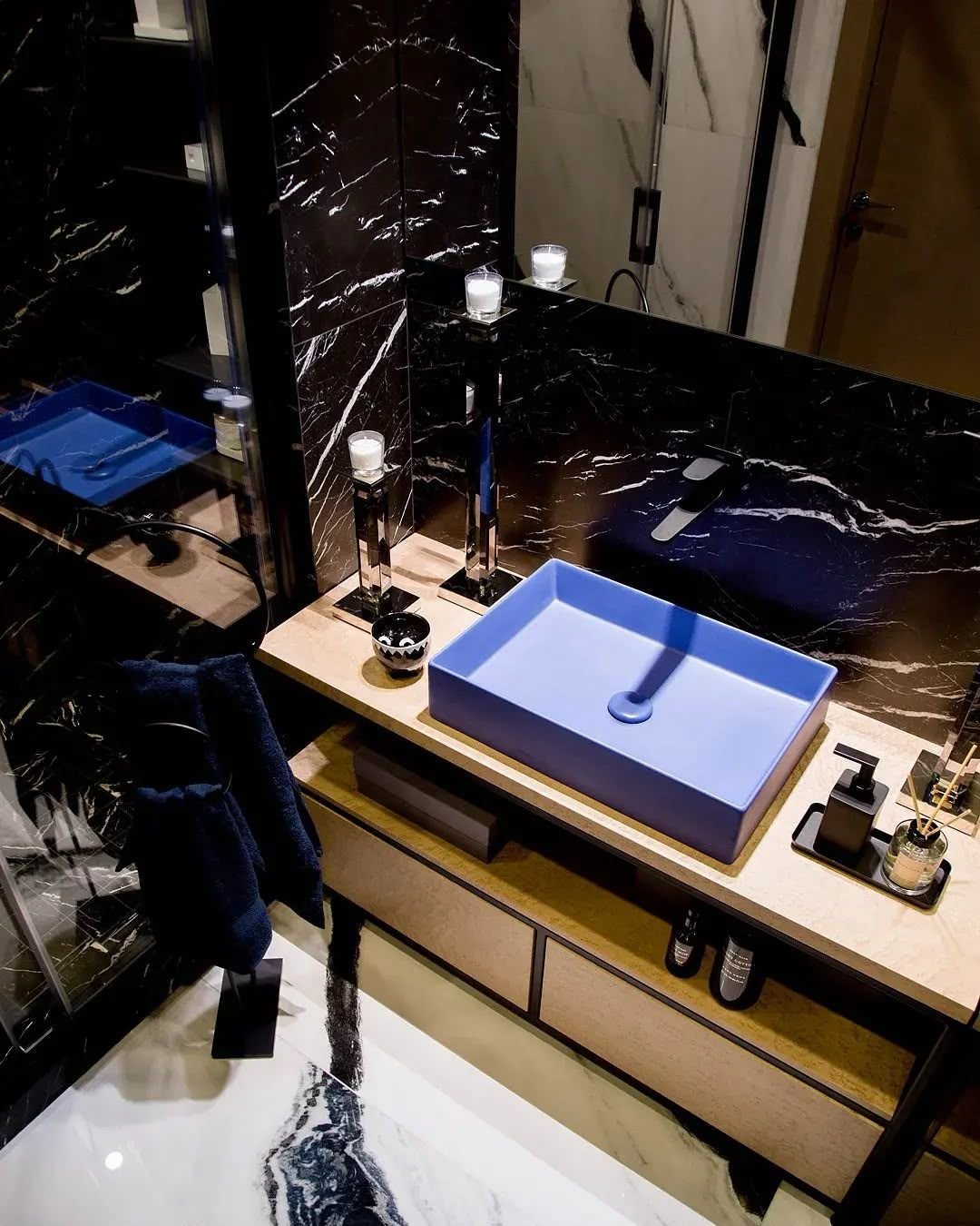Black marble vanity countertop detail, Dubai