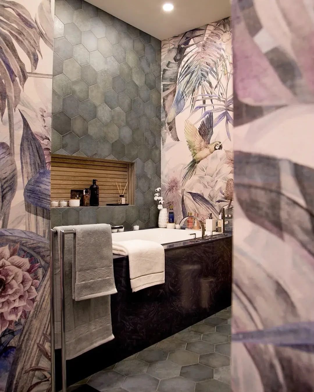 Powder room vanity in timber against botanical wall, Dubai