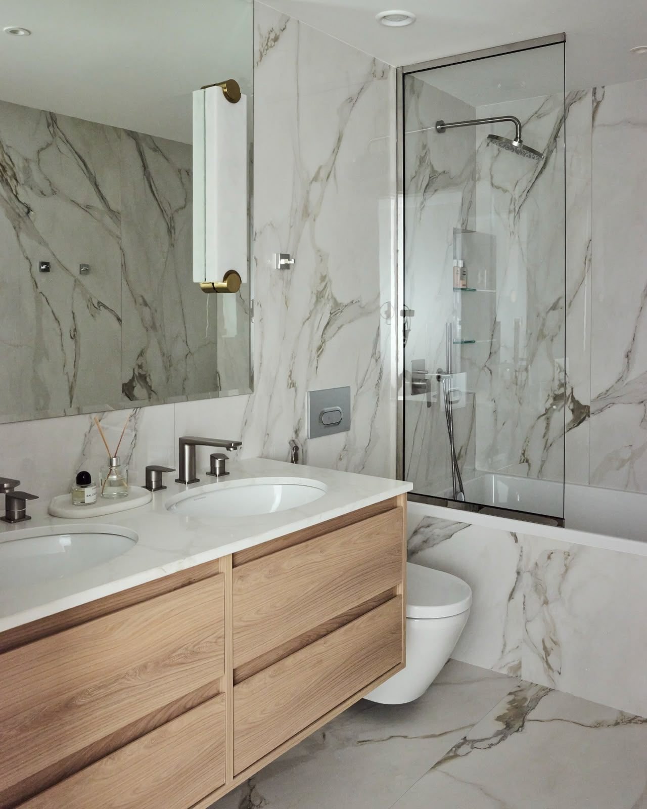 Marble bathroom with timber vanity, Dubai