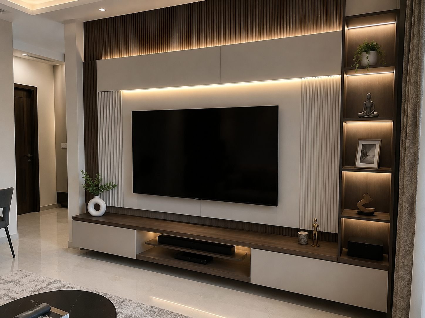 Living-room media wall with concealed storage, Dubai