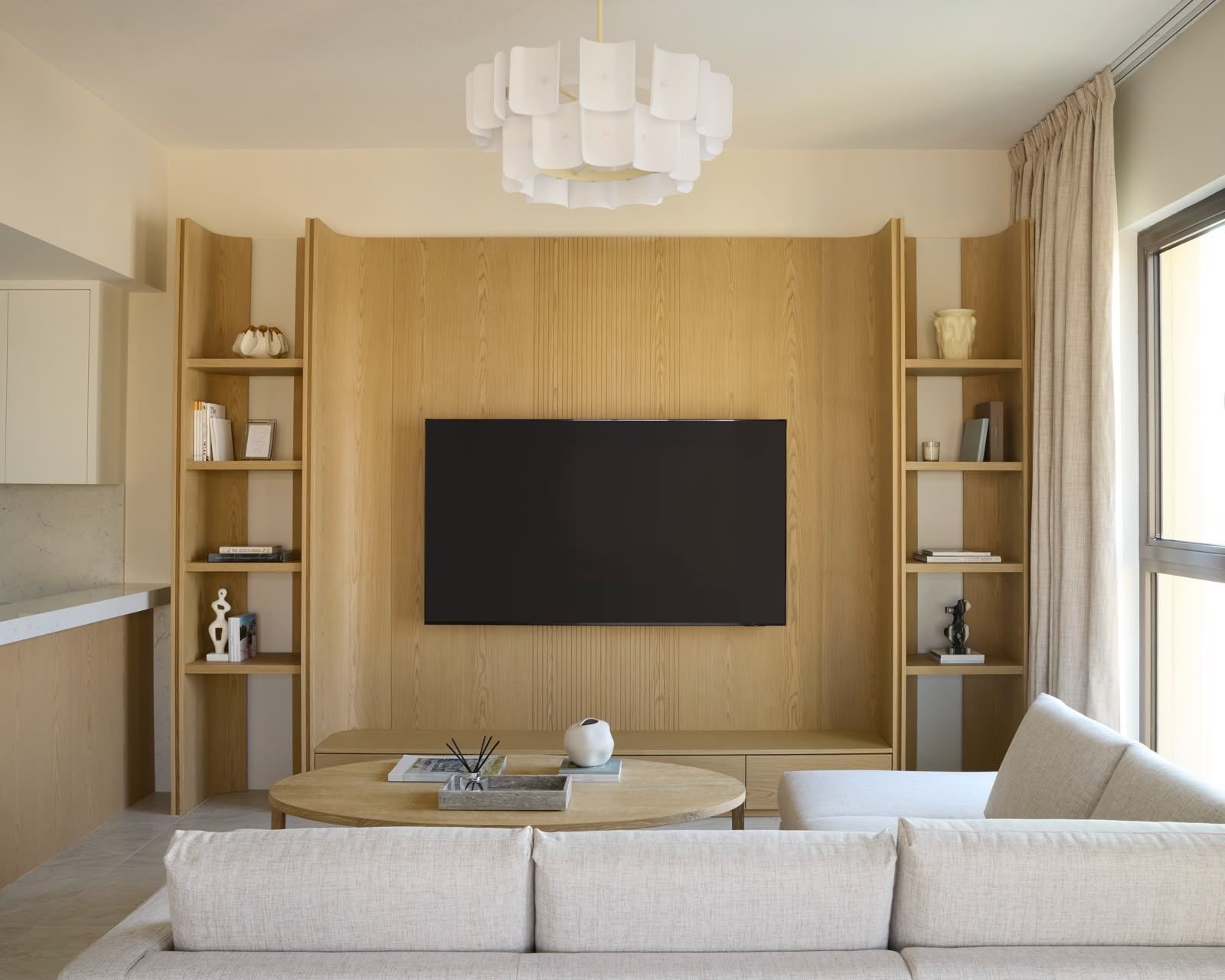 Oak TV media wall with open display shelves, Dubai