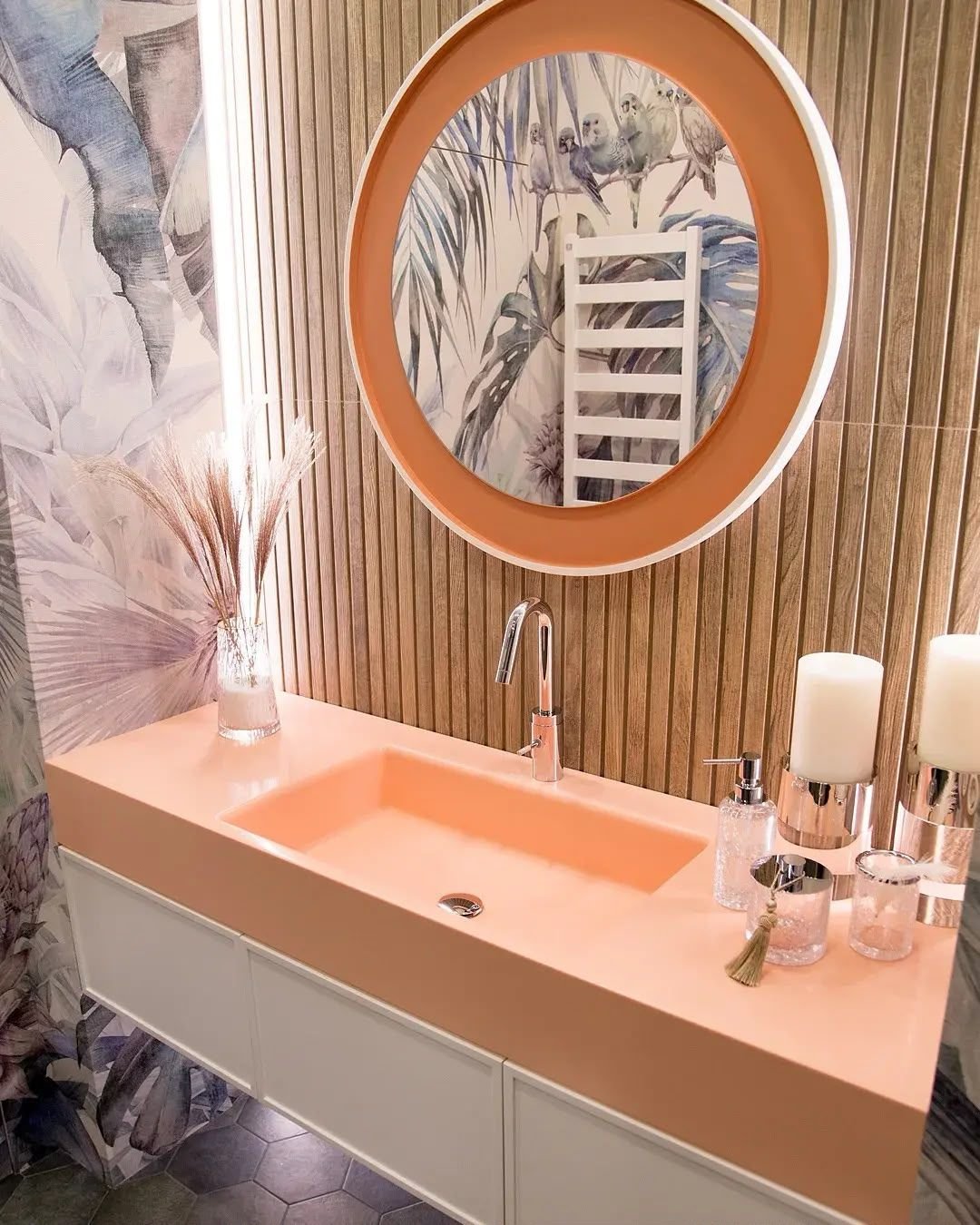 Peach vanity with round mirror, Dubai