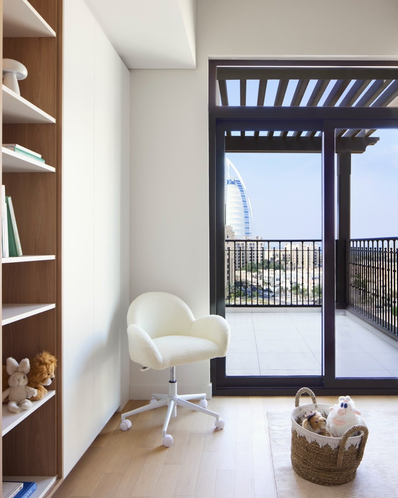 Home study bookshelf with balcony view, Dubai
